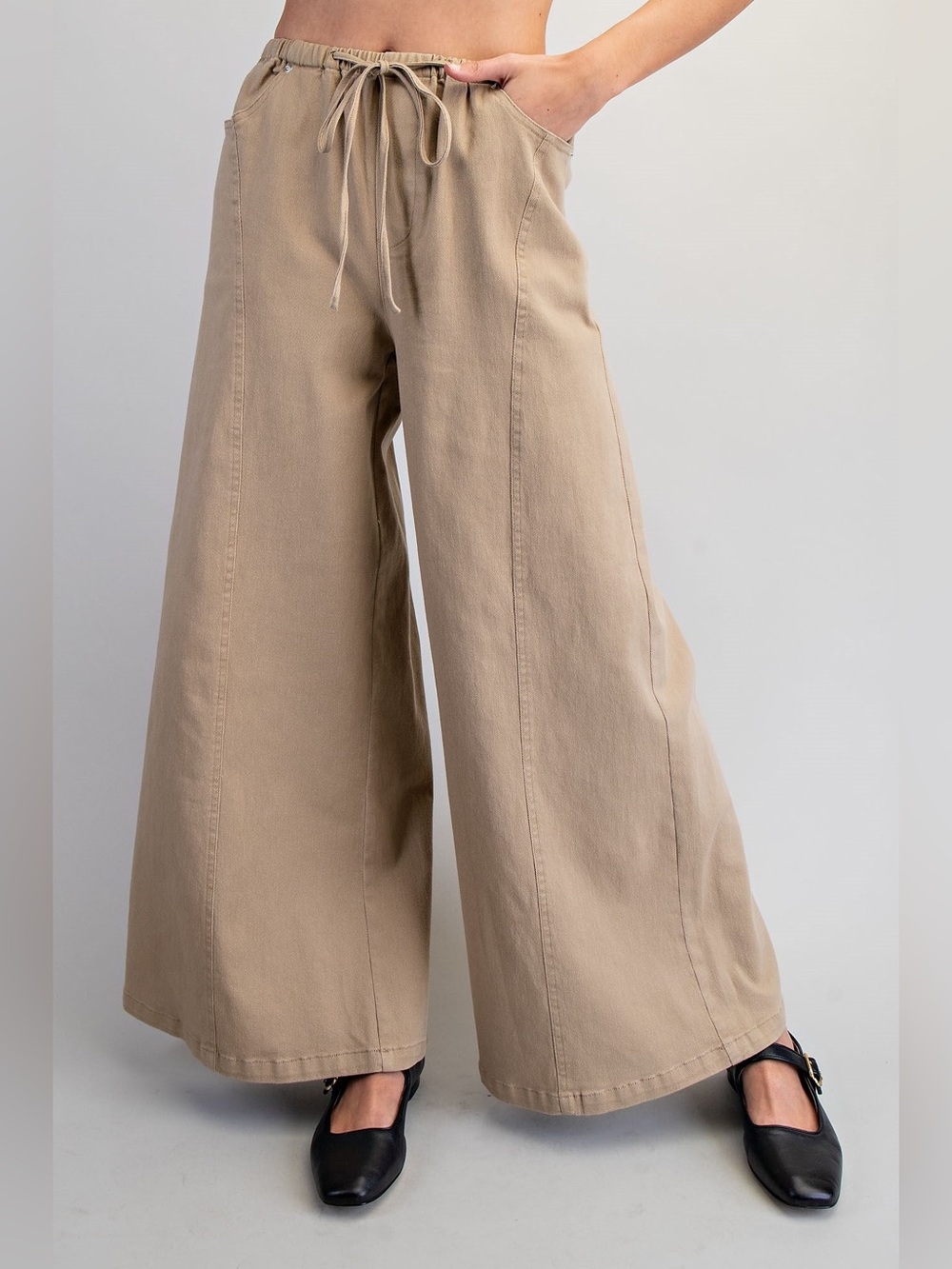 Wide Leg Slouchy Drawstring Waist Denim Pants - eesome